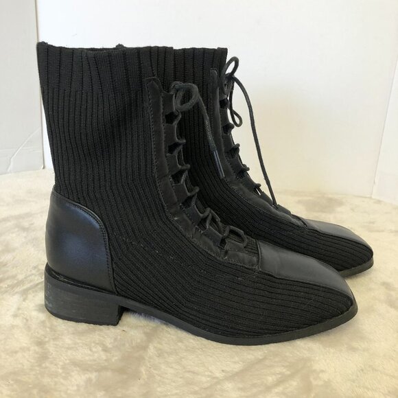 Black Mid Calf Ribbed Stretch Lace Up Low Heel Boots Size 37 (6.5 US) - Picture 1 of 13